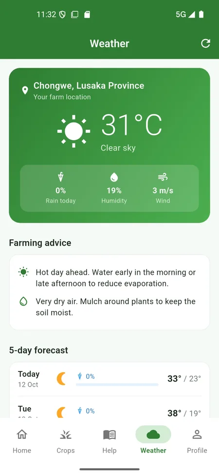 Weather screen with forecast and farming advice